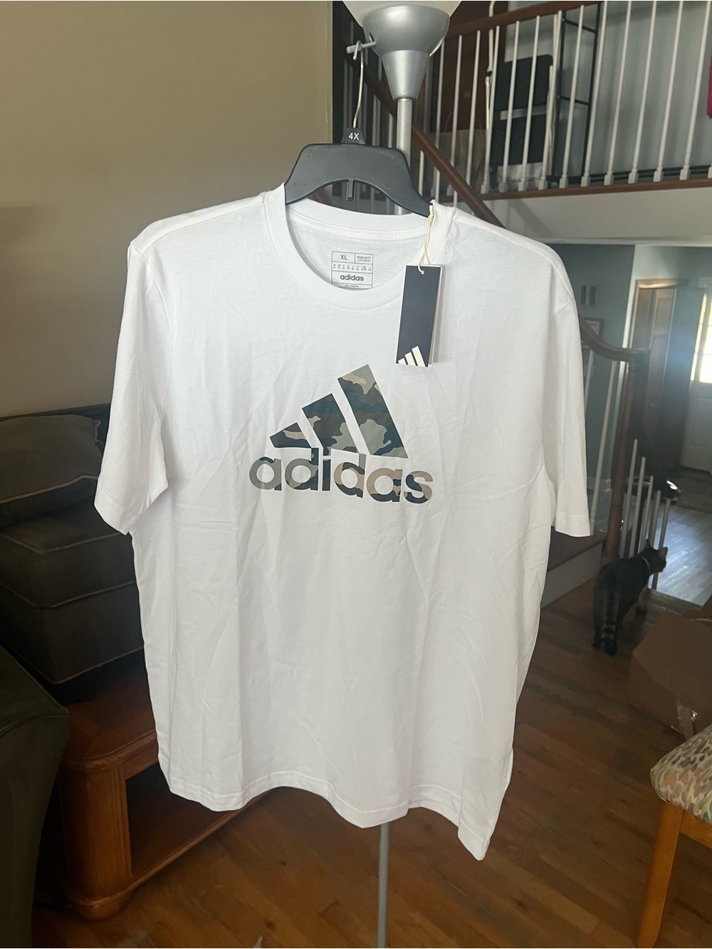 adidas White Short-Sleeve Tee with Green Camo Logo